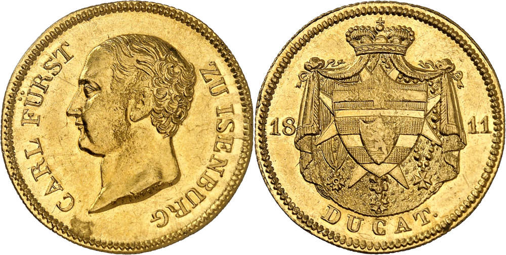 No. 2519: Isenburg. Carl Frederick, 1806-1815. 2 ducats 1811, Frankfurt am Main. Very rare. Extremely fine. Estimate: 7,500 euros.