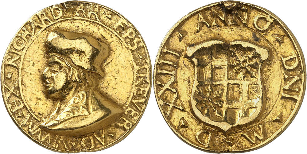 No. 5265: Trier. Richard von Greiffenklau-Vollrads, 1511-1531. 1523 gold medal with the weight of three gold guldens. Extremely rare (just one gold specimen under “Vienna” in the Habich catalog, Baron L. von Rothschild Coll.). Traces of mounting. Fields chased. Very fine. Estimate: 5,000 euros.
