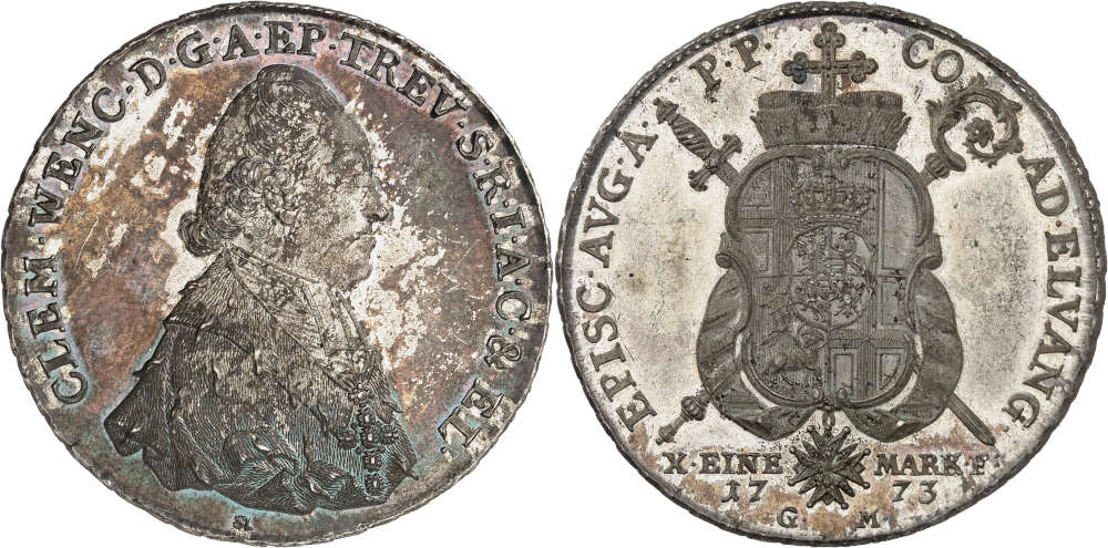Nr. 5307: Trier. Clemens Wenzel von Sachsen, 1768-1794. Konventionstaler 1773, Koblenz. Erstabschlag. Fast Stempelglanz. Taxe: 5.000 Euro.
