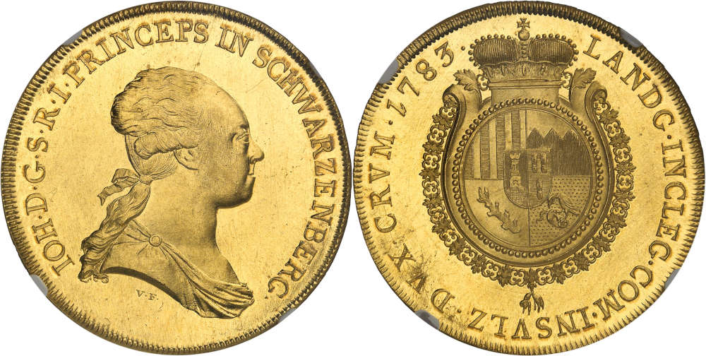 No. 959: German states / Schwarzenberg. Johann Nepomuk, 1782-1789. 10 ducats 1783, Vienna. Extremely rare. NGC MS65*. Minor adjustment marks on the obverse. About FDC. Estimate: 175,000 euros.