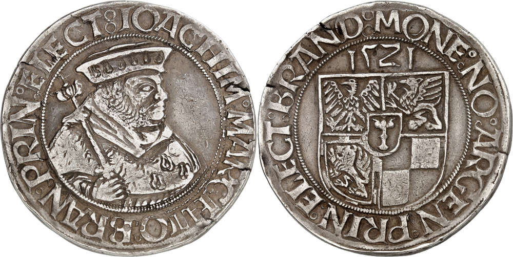Nr. 4891. Altdeutschland / Brandenburg-Preußen. Joachim I., 1499-1535. Taler 1521, Frankfurt / Oder. Sehr selten. Sehr schön. Taxe: 80.000 Euro.