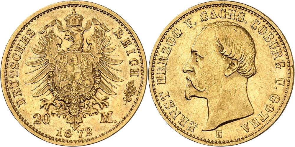 No. 5677: German Empire. Saxe-Coburg and Gotha. Ernest II, 1844-1893. 20 marks 1872. Very rare. Above-average quality. About extremely fine. Estimate: 60,000 euros.