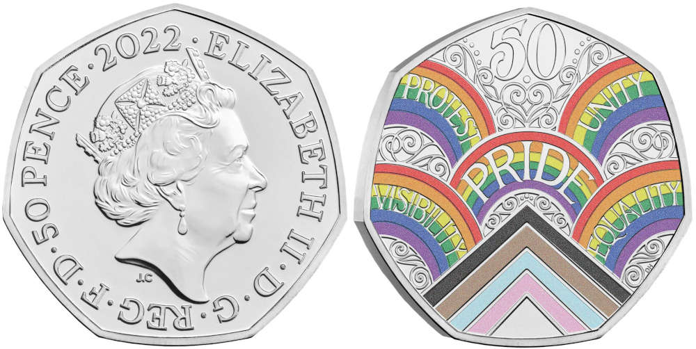 Beste zeitgenössische Ereignismünze - Vereinigtes Königreich: 50 Pence, Kupfernickel & Farbdruck. 50 Jahre Pride.