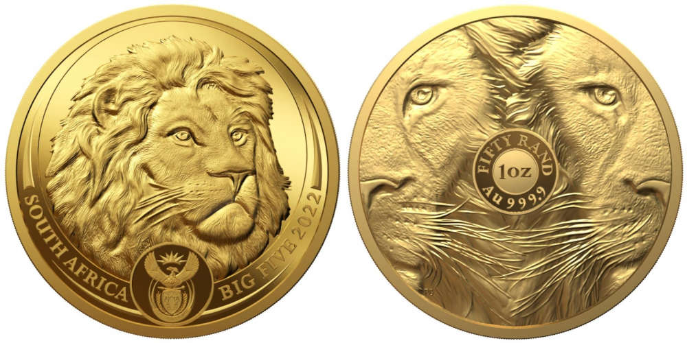 Beste Goldmünze - Südafrika: 50 Rand, Gold. Der Löwe, 2. in der Serie Big 5 II