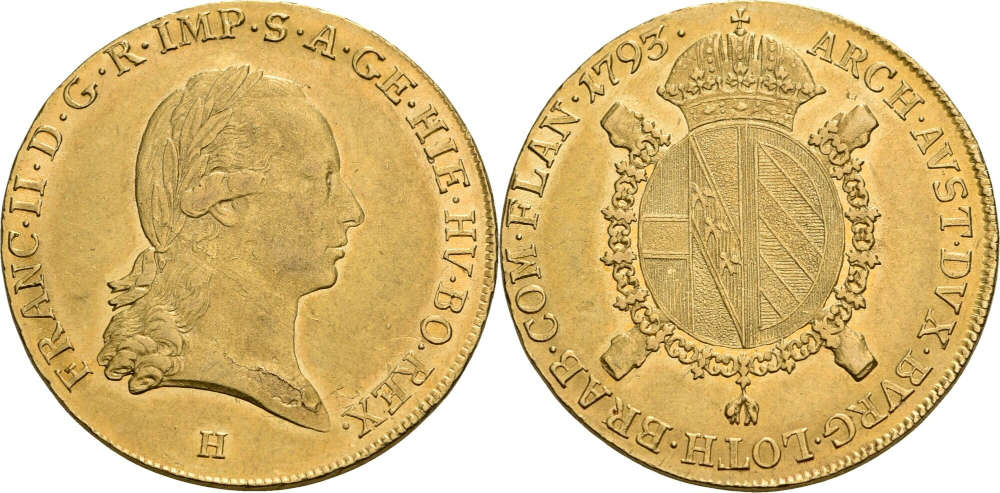 MA-ID: 2646300334. Habsburg, Franz II. (1792-1806), Souverain d’or 1793 H, Günzburg, Prägung für die Niederlande. Sehr Schön, minimale Kratzer. Preis: 2.250 EUR.