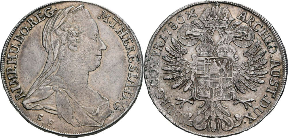 MA-ID: 2646800334. Habsburg, Maria Theresia (1740-1780). Taler 1780 SF, Günzburg (posthume Prägung 1783-1795), Prägung für die Erblande. Sehr Schön, minimal justiert. Preis: 250 EUR.