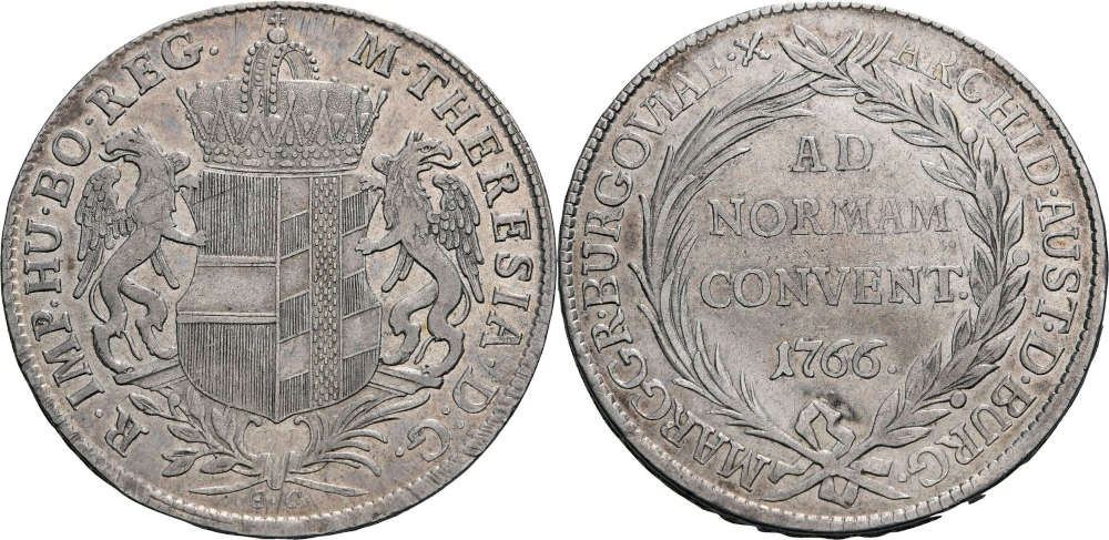 MA-ID: 2647200334. Habsburg, Maria Theresia (1740-1780). Konventionstaler 1766 SC, Günzburg. Sehr Schön+, minimal justiert. Preis: 355 EUR.