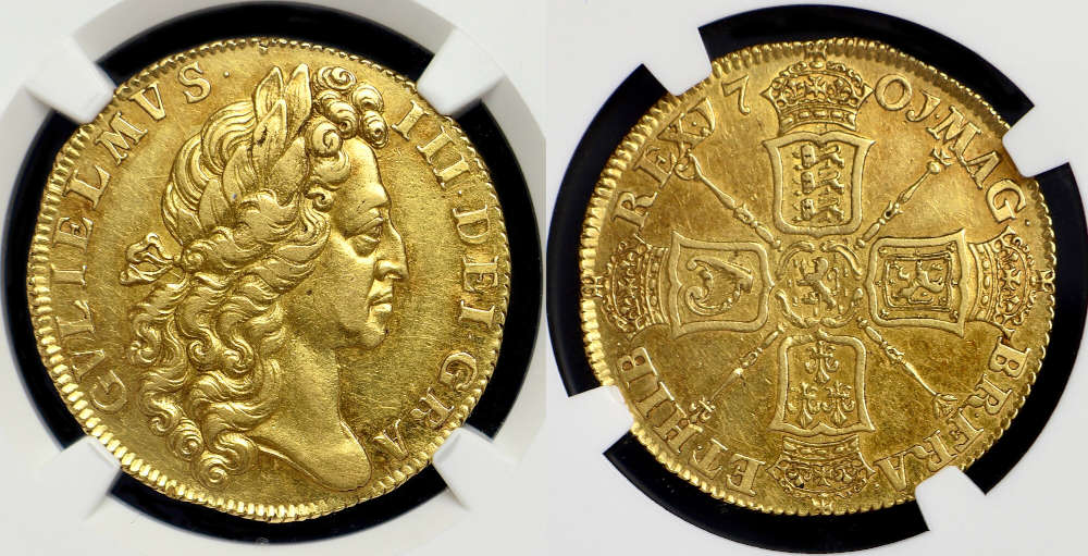 Großbritannien. Wilhelm III. (1694-1702). 2 Guineas, 1701. Fine work type NGC XF 45. Kim J. Nazzi. 23.500 EUR.