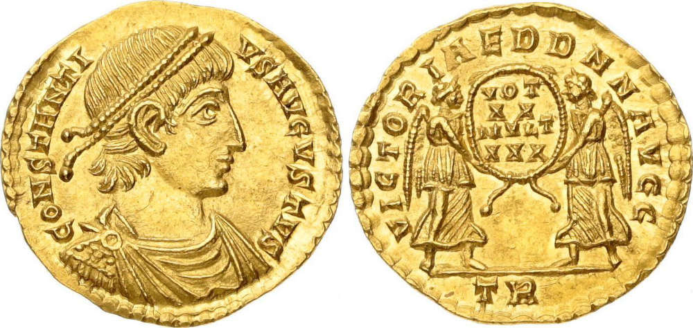Römische Kaiserzeit. Constantius II. (324-361). Solidus, 347/348 n. Chr., Trier. Fast Stempelglanz. Münzenkontor Kornblum. 6.100 EUR.