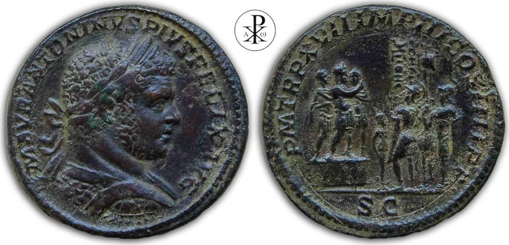 Römische Kaiserzeit. Caracalla (198-217). Sesterz, 214, Rom. Bimetallische Prägung. Vorzüglich+. YOTHR. Verkaufspreis: 11.900 EUR.