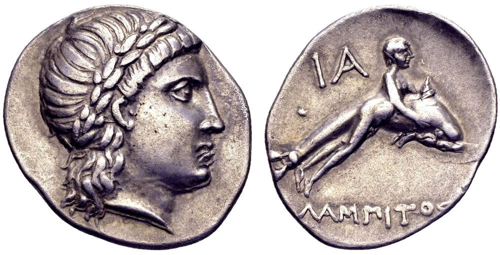 ID 841WE: Caria. Iasos. Lampitos, magistrate. AR Drachm (Persian standard), ca. 250-190 BC, 5.32 gr., 21 mm. Toned, minor double strike. Extremely rare with this magistrate. Choice very fine.