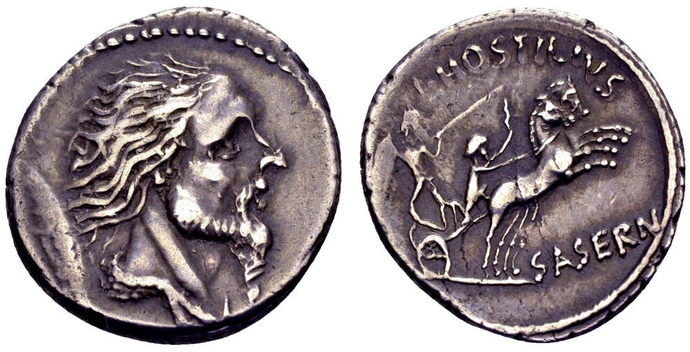 ID 7T5PF: Roman Republic L. Hostilius Saserna, 48 BC. AR Denarius, 3.95 gr., 18.5 mm, 48 BC, Rome. A bold portrait of excellent style and a wonderful old cabinet tone. Minor flan flaw on reverse. Nearly extremely fine.