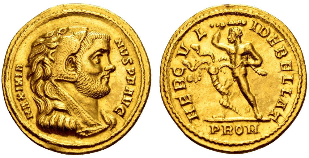 ID AZDXG: Roman Empire. Maximianus Herculius, AD 286-310. AU Aureus, 5.24 gr., 18 mm, AD 294, Rome. A very desirable and dynamic type. Minor smoothing in field. Extremely rare. Extremely fine.
