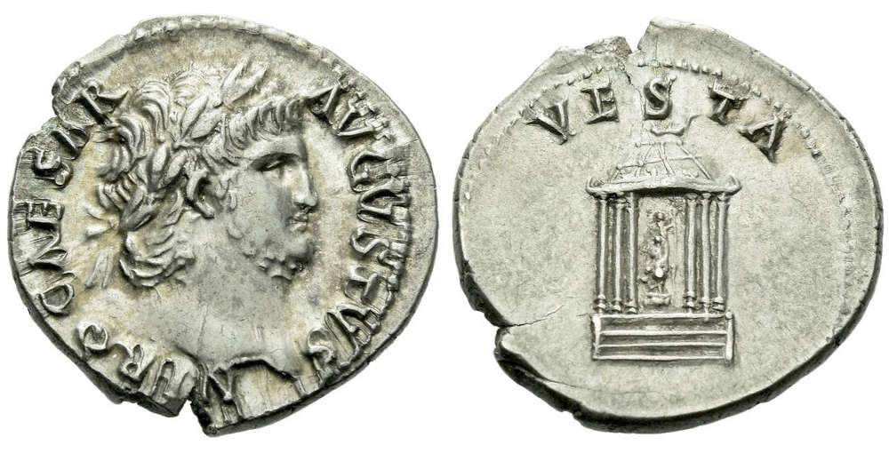 ID YFBCQ: Roman Empire. Nero, AD 54-68. Denarius ca. AD 65-66, AR 19 mm, 3.61 g. A bold portrait and a wonderful iridescent tone. Good extremely fine.
