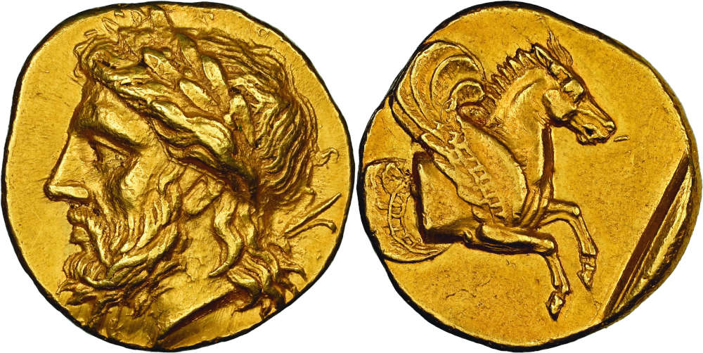 Los 12: Lampsakos (Mysien). Goldstater, um 350 v. Chr. Aus Auktion Feuardent-Leman (1921), Nr. 57; aus den Sammlungen Engel-Gros und J. J. Grano. Aus Auktionen NGSA 1 (2000), Nr. 97 (Titelstück) und NGSA 8 (2014), Nr. 46. NGC AU 5/5 4/5 Fine Style. Taxe: 80.000,- Euro.