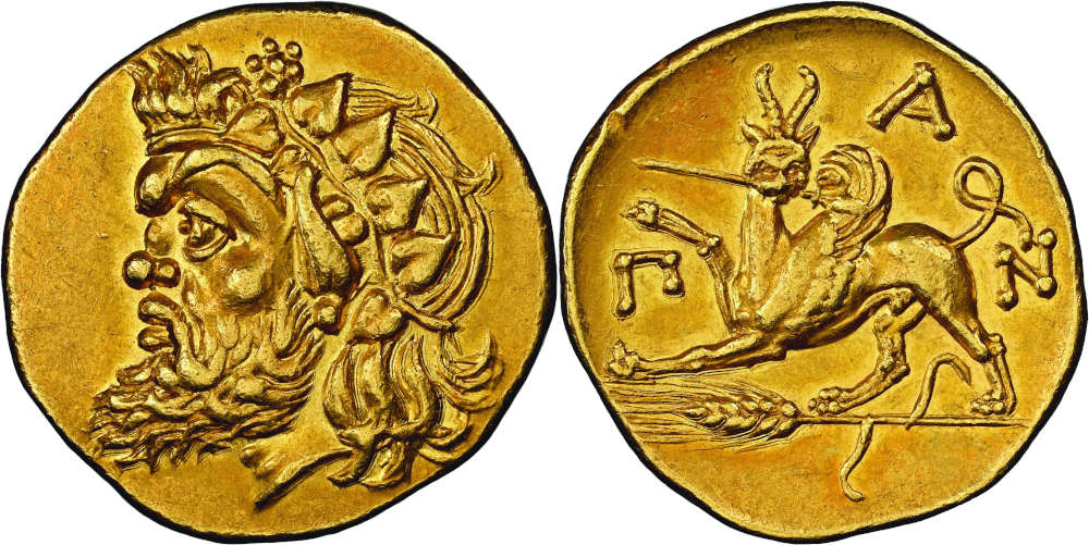 Los 18: Pantikapeion (Bosporus). Goldstater, um 340-325. Aus Auktion NGSA 8 (2014), Nr. 32. NGC Choice XF* 5/5 4/5 Fine Style. Taxe: 90.000,- Euro.