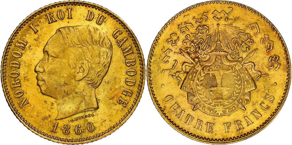 Los 159: Kambodscha. Norodom I., 1860-1904. Probe zu 4 Francs, 1860. NGC MS65. Taxe: 7.000,- Euro.