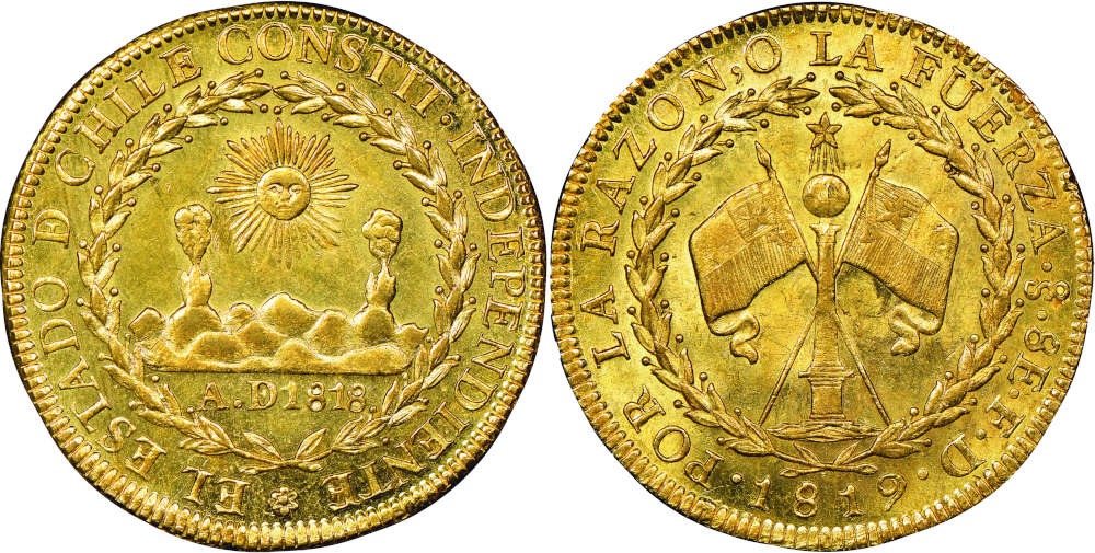 Los 162: Chile. Ferdinando VII., 1808-1833. 8 Escudos, 1819. Aus Sammlung Dr. Moore. NGC MS65. Taxe: 25.000,- Euro.
