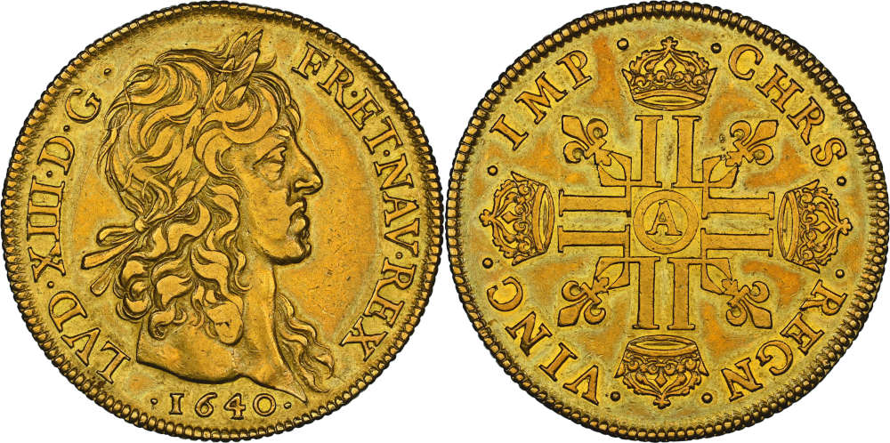 Los 233: Frankreich. Ludwig XIII., 1610-1643. 40 Livres = 4 Louis d’or, 1640. Äußerst selten. NGC XF45. Taxe: 70.000,- Euro.