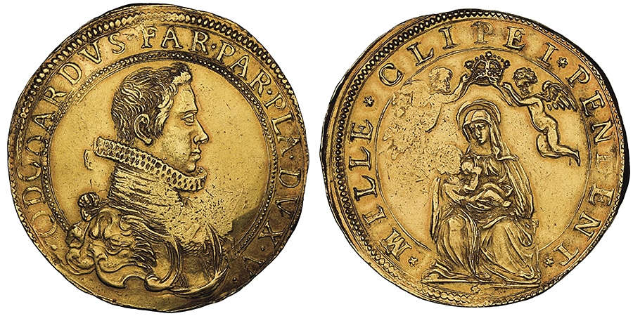 Los 540: Italien / Parma. Odoardo Farnese, 1622-1646. 6 Doppie, ohne Jahr. Äußerst selten. NGC AU58. Taxe: 100.000,- Euro.
