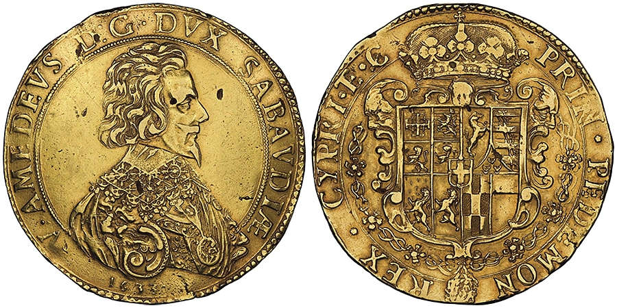 Los 623: Italien / Casa Savoia. Vittorio Amedeo, 1630-1637. 10 Scudi d’oro, IITipo, Turin, 1633. Äußerst selten. NGC AU53. Taxe: 180.000,- Euro.