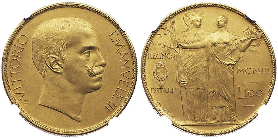 Los 665: Italien / Casa Savoia. Vittorio Emanuele II. Probe zu 100 Lire, Stabilimento Johnson, Mailand, 1903. NGC PROOF 63 MATTE. Äußerst selten. Taxe: 70.000,- Euro.