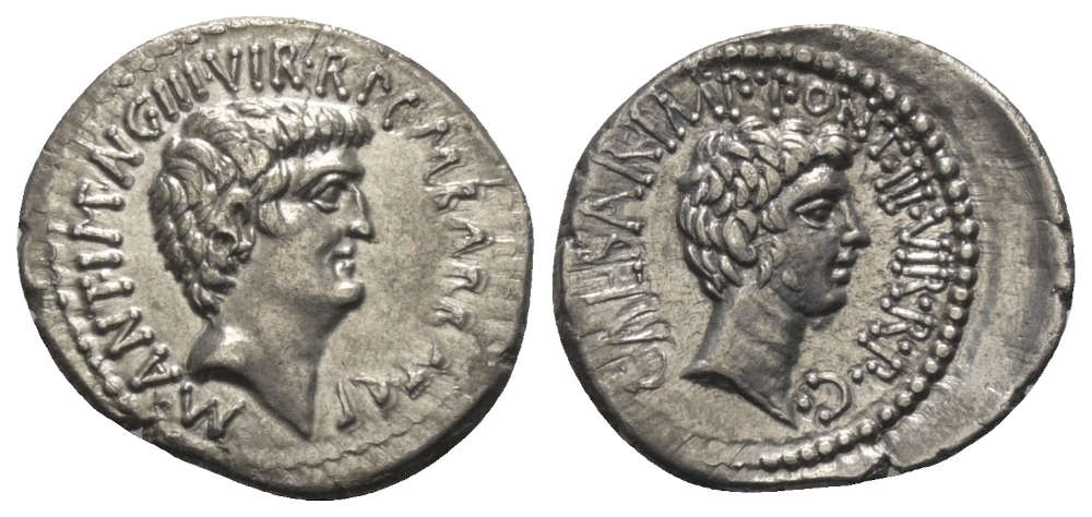 Los 1163: Schatzfund von Brohl-Lützing, 18 Denare, darunter Octavian und Marc Anton, 41 v. Chr. Ephesos? Startpreis: 6.500 EUR.