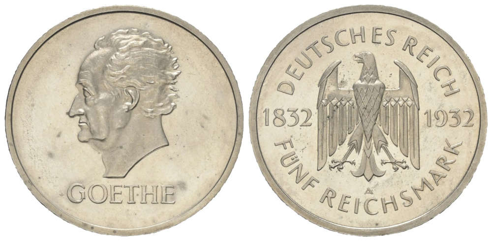 Los 1296: Weimarer Republik. 5 Mark 1932 A. Goethe. Startpreis: 1.800 EUR.