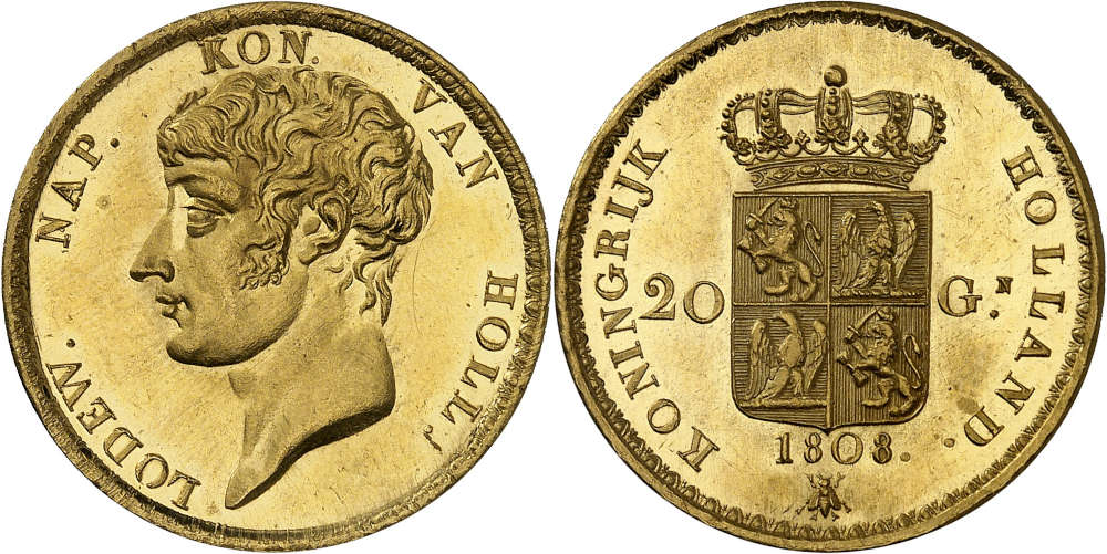 Los 3111: Ludwig Napoleon. 20 Gulden 1808, Utrecht. Aus Auktion Coin Investment 40 (1992), Nr. 579. Fast Stempelglanz. Taxe: 40.000 Euro