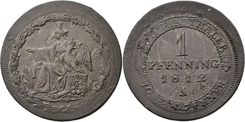 Los 4337: Königreich Preußen. Friedrich Wilhelm III. 1797-1840. Probe für 1 Pfennig 1812 als Überprägung auf einem 2-Pfennig-Stück. Taxe: 1.000 EUR.