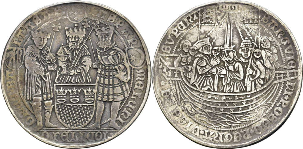 Lot 3279: Cologne, Imperial City. Thick double thaler, (c. 1620), so-called “Epiphany or Ursula coinage”. Very rare. Very fine. Estimate: 3,000 EUR.