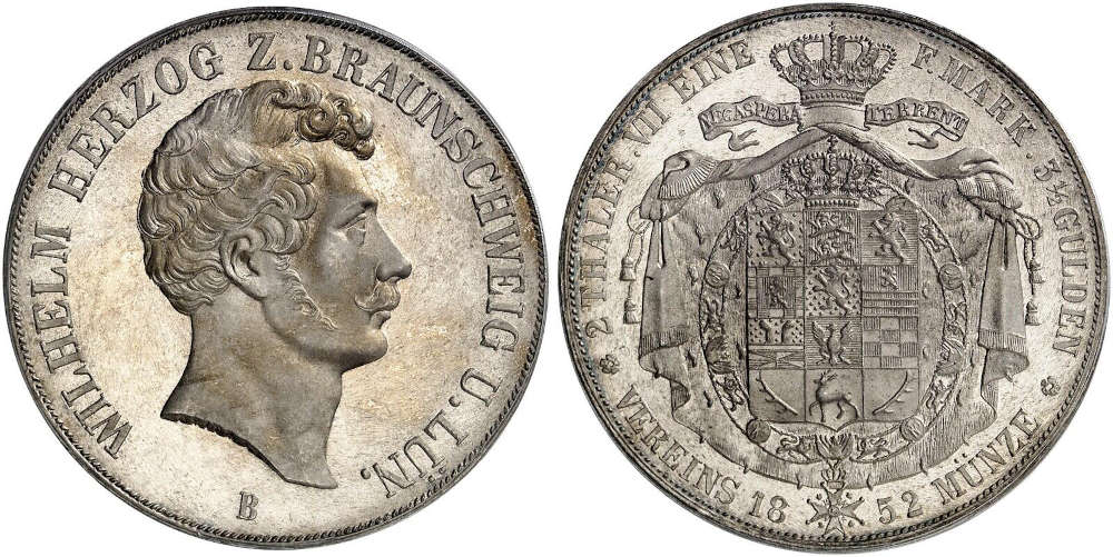 Nr. 776 – Braunschweig-Wolfenbüttel. Wilhelm, 1831-1884. Doppeltaler 1852. PCGS MS65. Stempelglanz. Taxe: 5.000,- Euro