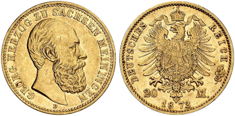 Nr. 1722 – Deutsches Kaiserreich. Sachsen-Meiningen. Georg II., 1866-1914. 20 Mark 1872. Fast vorzüglich / Vorzüglich. Taxe: 17.500,- Euro