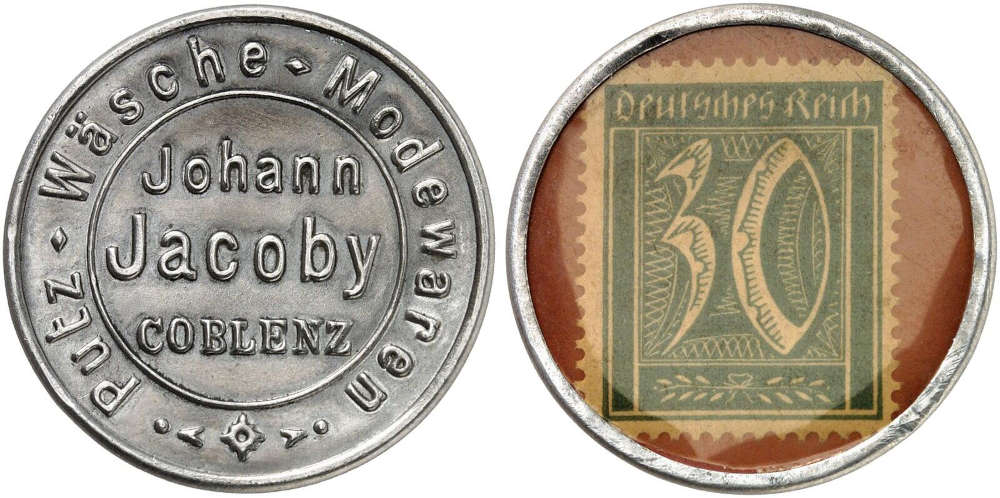Nr. 1943 – Kapselgeld / Deutschland. Coblenz. Johann Jacoby. Aluminium 30 Pfennig Sehr selten. Vorzüglich. Taxe: 100,- Euro