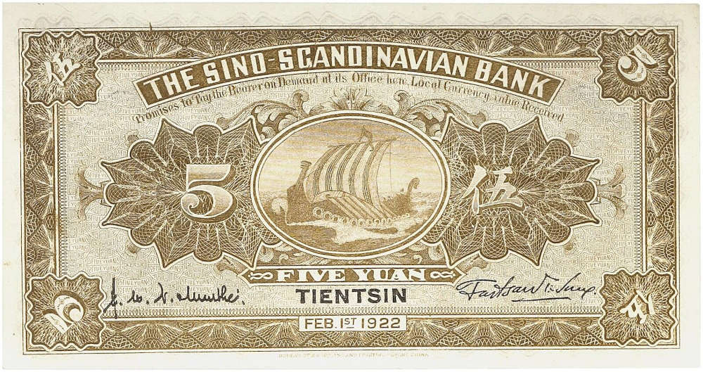 Nr. 1986 – China. Sino-Scandinavian Bank Tientsin. 5 Yuan 1922. Kassenfrisch. Taxe: 250.- Euro