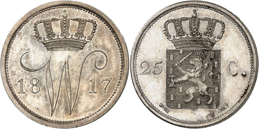 No. 3284. William I, 1813-1840. Silver pattern of 25 cents (Kwartje), 1817, Utrecht. Extremely rare. Purchased in 1954 from the Menso Collection. Proof. Estimate: 25,000 euros. Hammer price: 100,000 euros.