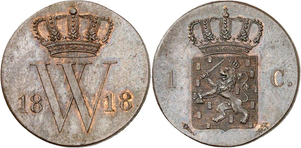 No. 3326. William I, 1813-1840. Copper pattern for the cent, 1818, Utrecht. Only a few specimens minted. Purchased in 1951 from Jacques Schulman. About FDC. Estimate: 20,000 euros. Hammer price: 110,000 euros.