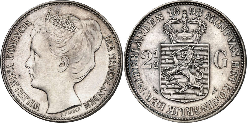 No. 3696. Wilhelmina, 1890-1948. Silver pattern of the 2 1/2 gulden, 1898, Utrecht. Unique? Purchased in 1955 from a Jacques Schulman sale. Proof, minimally worn. Estimate: 50,000 euros. Hammer price: 120,000 euros.