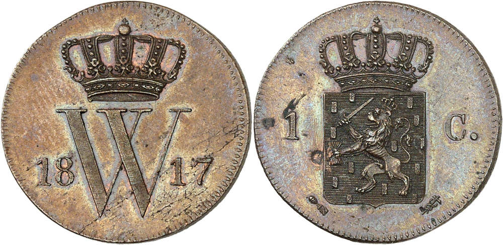 No. 3325. William I, 1813-1840. Copper pattern for the cent, 1817, Utrecht. Only a few specimens minted. Purchased in 1998 from the van der Wiel Collection. First strike, about FDC. Estimate: 25,000 euros. Hammer price: 120,000 euros.
