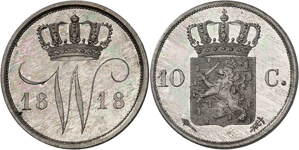 No. 3302. William I, 1813-1840. Silver pattern of 10 cents (Dubbeltje), 1818, Utrecht. Only 60 specimens minted. Purchased in 1954 from the Menso Collection. Proof. Estimate: 25,000 euros. Hammer price: 120,000 euros.