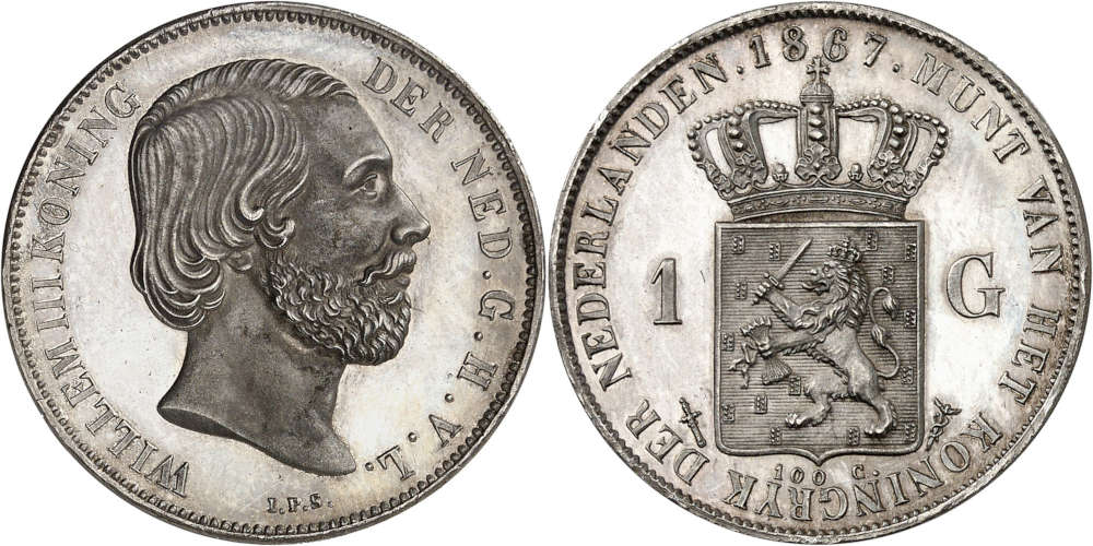Nr. 3524. Wilhelm III., 1849-1890. 1 Gulden 1867. Nur wenige Exemplare geprägt. Erworben 1951 von Jacques Schulman. Taxe: 50.000 Euro. Zuschlag: 150.000 Euro.