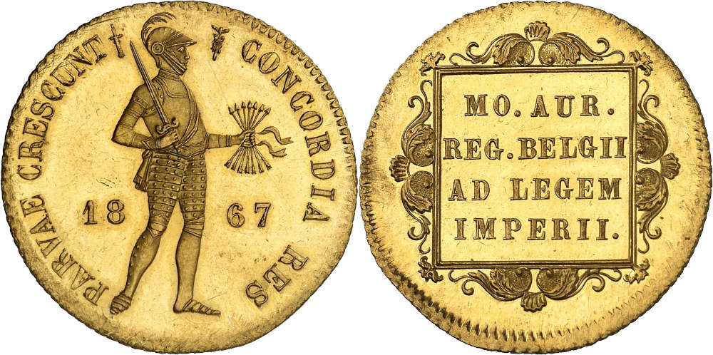 No. 3465. William III, 1849-1890. 2 ducats, 1867, Utrecht. Only 8 specimens are known of. Purchased in 1985 from Jacques Schulman. Estimate: 40,000 euros. Hammer price: 200,000 euros.