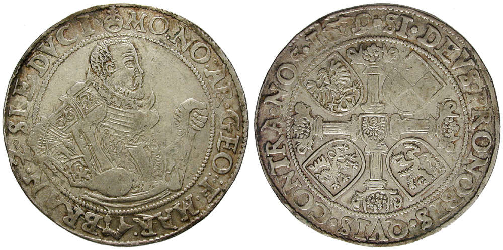 Nr. 95944: Altdeutschland. Schlesien, Jägerndorf. Georg Friedrich (1543-1603). Reichstaler, 1579. Münzmeister Gregor und Leonhard Emich. Sehr schön. Verkaufspreis: 2.500 EUR.