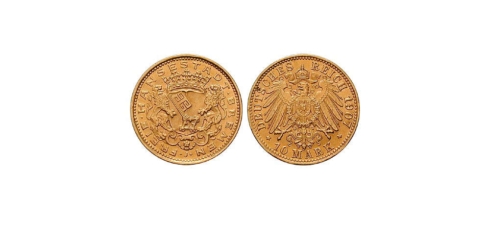 Nr. 95766: Deutsches Kaiserreich. Bremen. 10 Mark, 1907. J. Leichte prägebedingte Randunebenheiten. Vorzüglich+. Verkaufspreis: 2.700 EUR.
