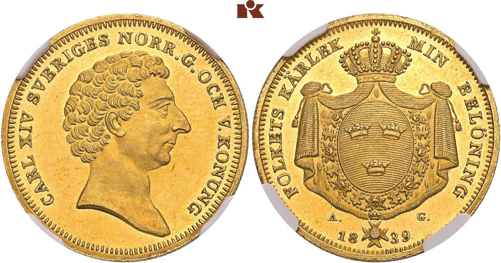 Nr. 4222: Schweden. Karl XIV. Johann, 1818-1844. 4 Dukaten 1839, Stockholm. Sehr selten, nur 2.000 Exemplare geprägt. Fast Stempelglanz. Taxe: 20.000 Euro.