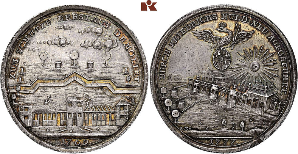 Nr. 4503: Brandenburg-Preußen. Friedrich II., 1740-1786. Medaille 1777 auf den Wiederaufbau des Schützenhauses in Breslau. Sehr selten. Vorzüglich bis Stempelglanz. Taxe: 4.000 Euro.