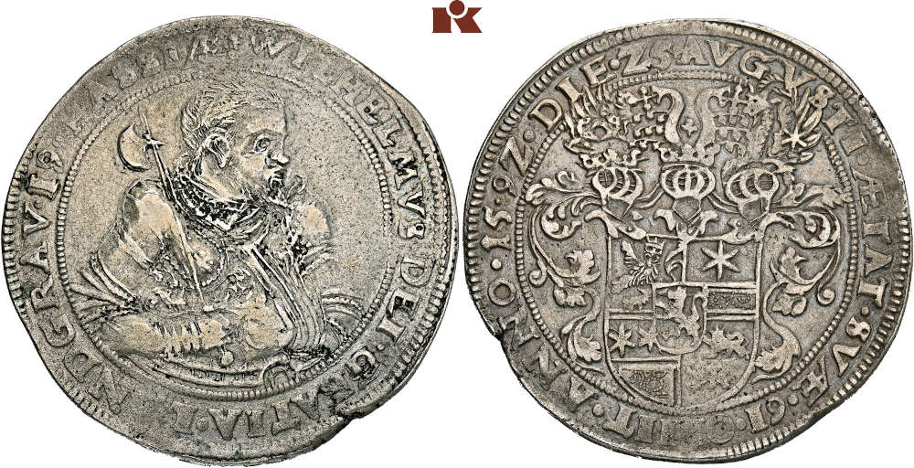 No. 4612: Hesse-Kassel. William IV the Wise, 1567-1592. Reichstaler 1592, Kassel, to mark his passing. Extremely rare. Very fine. Estimate: 20,000 euros.