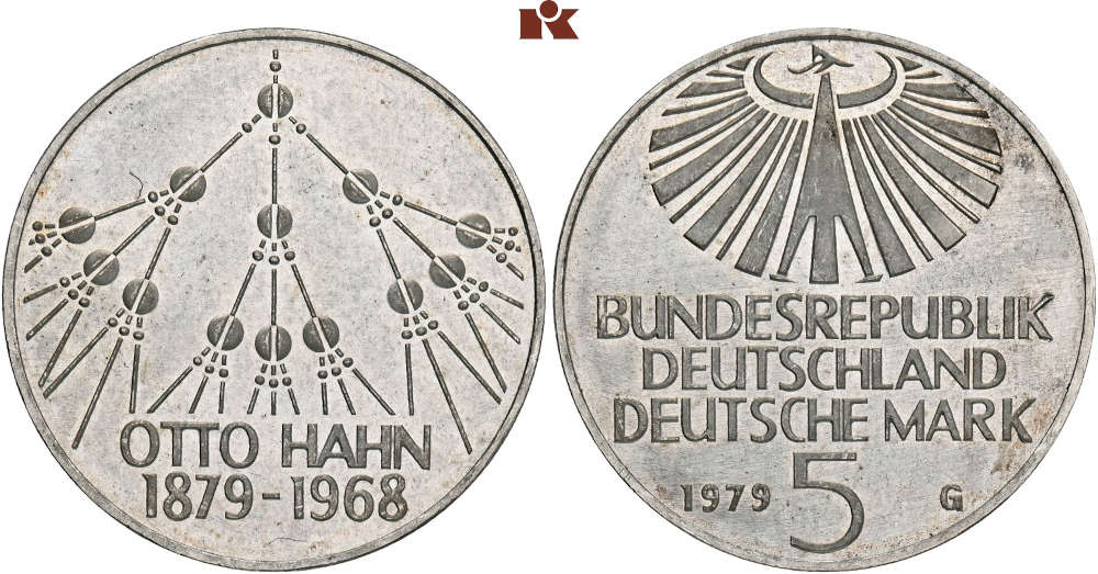 Nr. 5185: BRD. 5 DM 1597 G. 100. Geburtstag von Otto Hahn. In Silber. Äußerst selten. Fast Stempelglanz. Taxe: 10.000 Euro.
