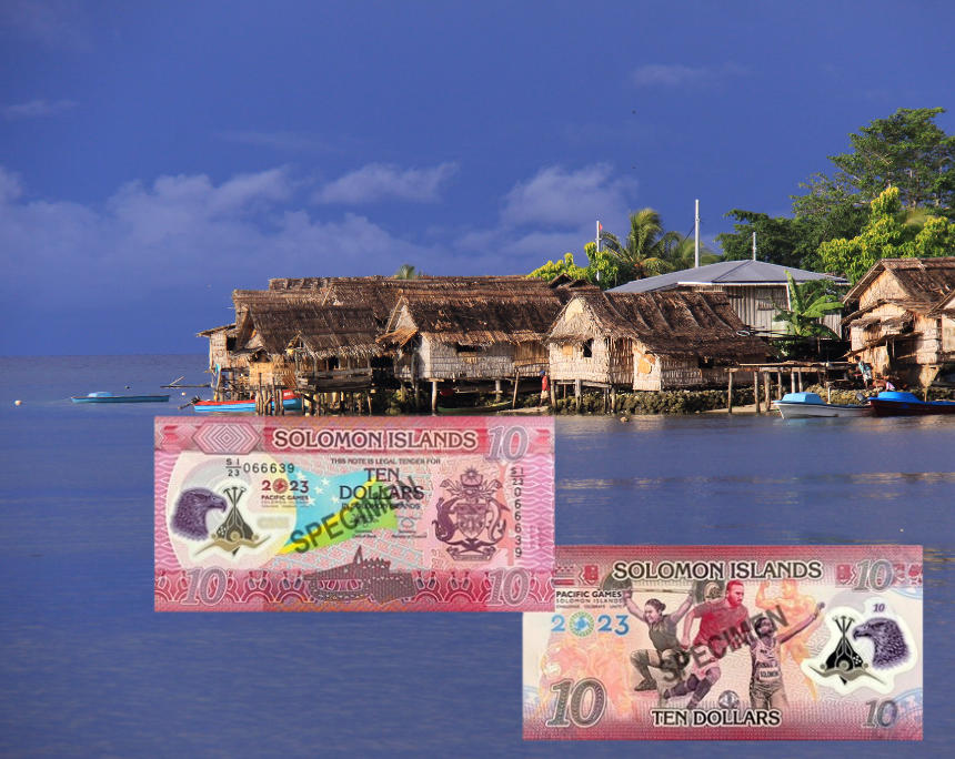 In diesem Jahr werden die Salomon-Inseln zum ersten Mal die Pazifikspiele ausrichten. Hintergrund: Leocadio Sebastian / CC BY 2.0. Banknote: Zentralbank der Salomonen.