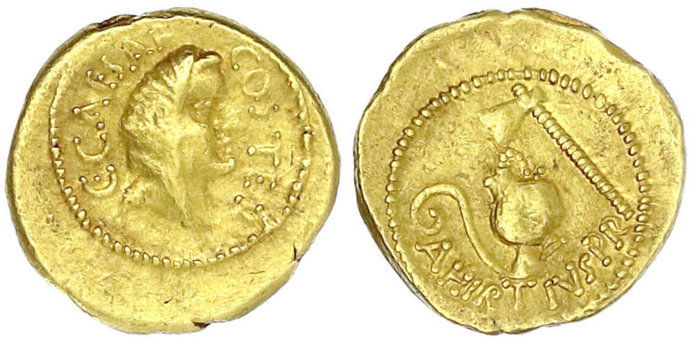 Lot 5: Römische Goldmünzen, Imperatorische Prägungen, Gaius Julius Caesar (Diktator 46-44 v. Chr.). Aureus 46 v. Chr. Praetor A. Hirtius. Gutes sehr schön, selten. Schätzpreis: 3.000 EUR.